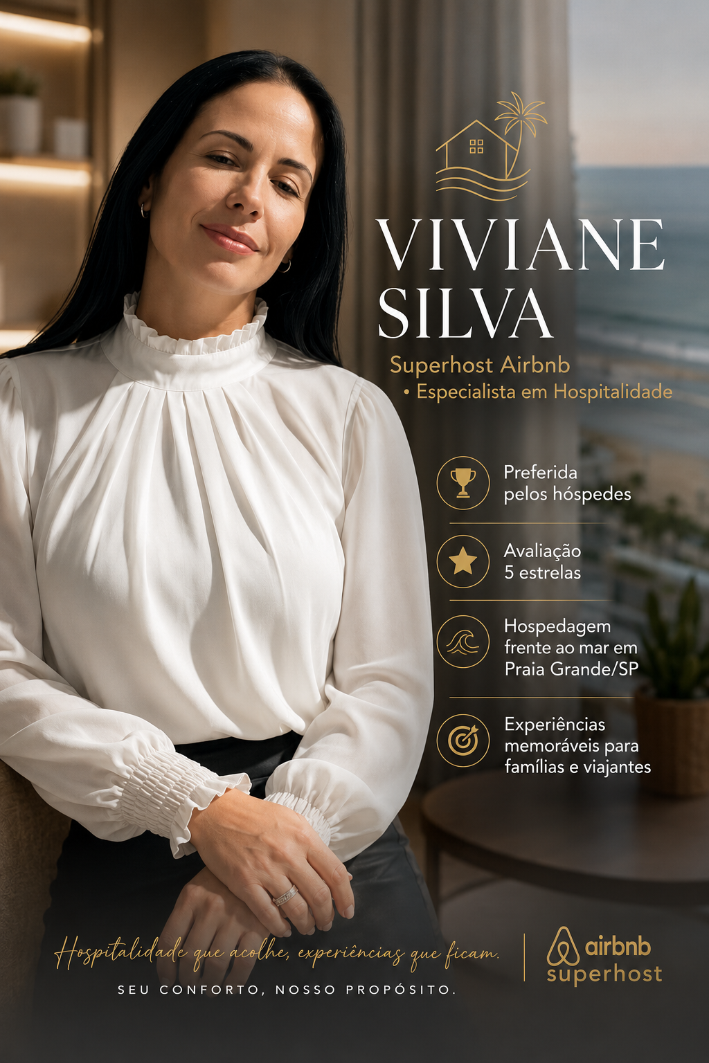 Viviane Silva, anfitriã Superhost do Maré, em blusa branca de gola alta, sorrindo levemente com o mar de Praia Grande ao fundo.