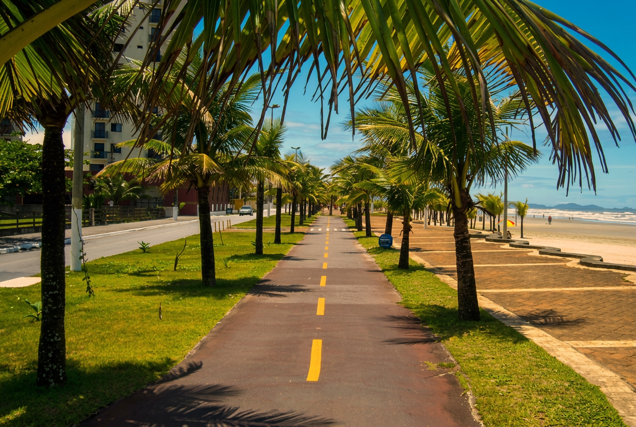 Orla larga de Praia Grande com pista de caminhada e ciclovia