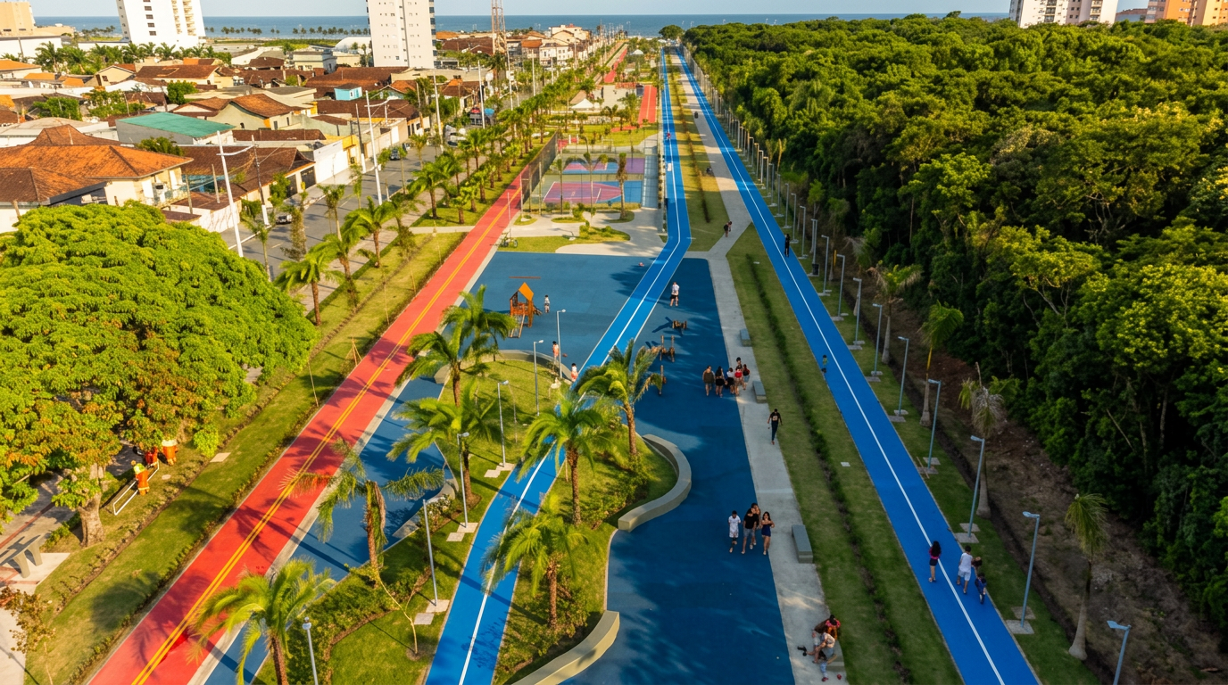 Parque de Lazer Mirim em Praia Grande com palmeiras e caminhos